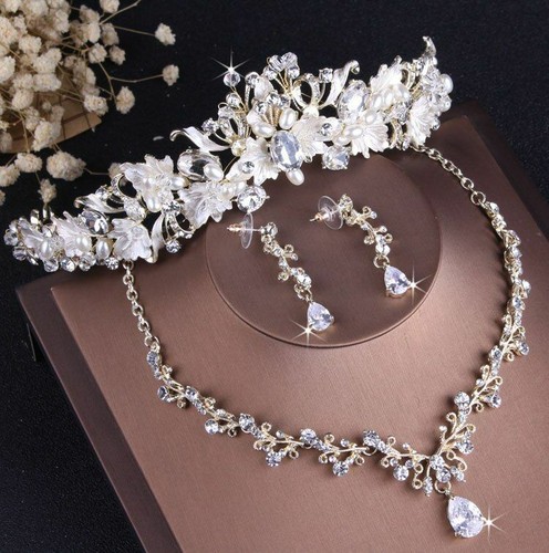 Set gioielli foglia cristallo collana strass diadema sposa accessorio abito da sposa - Foto 2 di 18