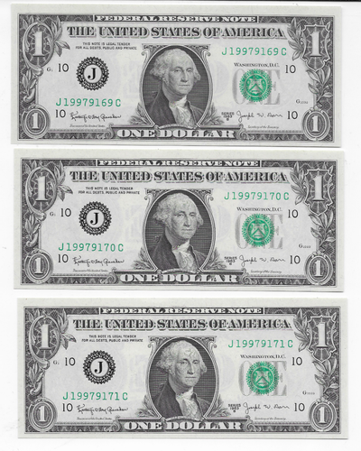 1963 B $1 Federal Reserve Notes (3) Joseph Barr Notes Three (3) Cons. Numbers