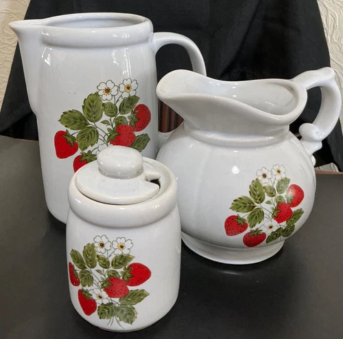 McCoy pottery, strawberry pattern set of three includes pitcher, jug and jam pot