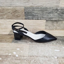 Franco Sarto Naya Womens Pumps Sz 6.5 Black Ankle Strap Pointed Toe Block Heels
