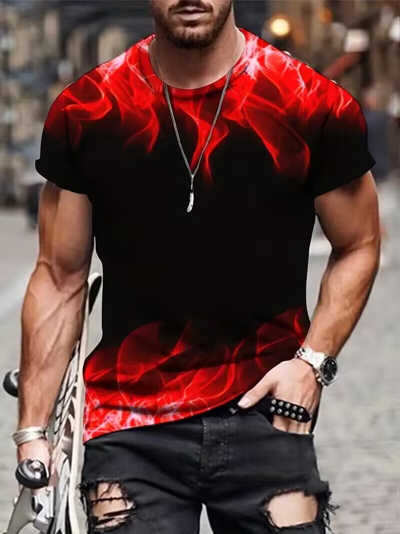 T Shirts Men Fashion Graphic Short Sleeve Black Red Flame Smoke Streetwear  Silky - Main Image
