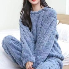 Ladies Fleece Pyjama Set Soft Warm Crew Neck Top Pants Loungewear Nightwear