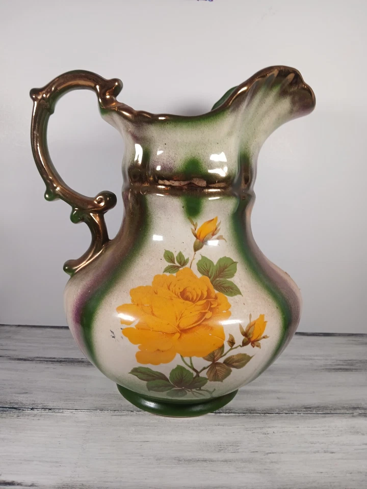 Antigua jarra de agua estilo victoriano verde amarillo rosa patrón adorno dorado 11" Foto 3 de 4