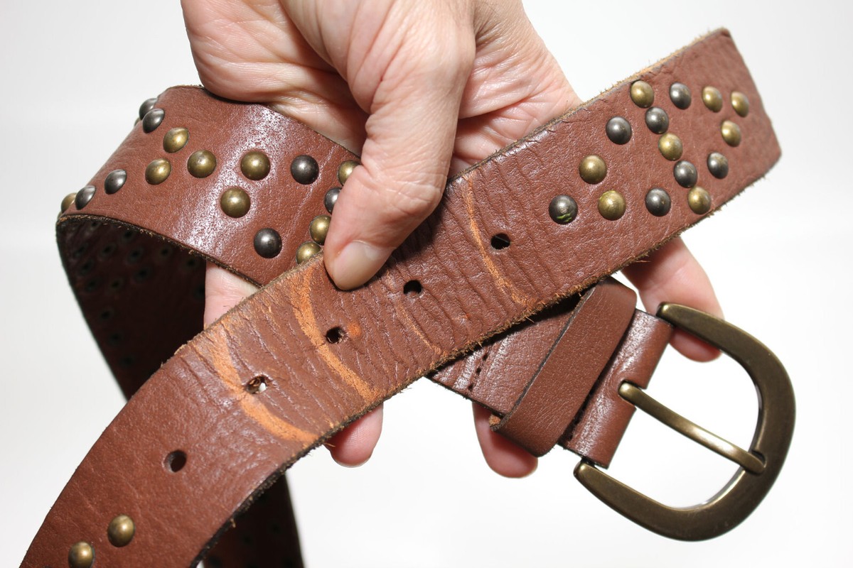 Studded Brown Leather BELT - Brass Buckle - SIZE S - 36 