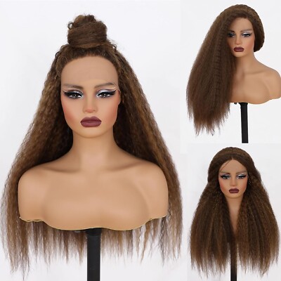 Long Kinky Straight Highlights Lace Frontal Wigs Black Women Brown Blonde Ombre