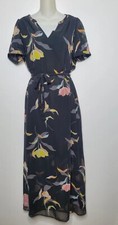 A New Day Dress Small Black Floral V-Neck Blouson SS Long Sheer Size Medium 