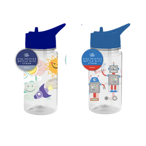 2x Kids Water Bottle Printed Bottle With Straw 400ml - Twin Pack