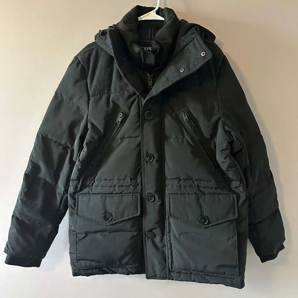 Men's Express Black Charcoal Grey Down Puffer Jacket with Hood Size L