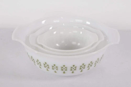 Vintage Fire King Green Floral Milk Glass Nesting Mixing Bowls Set of 3
