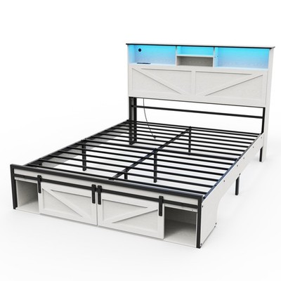 Bed Frame W Storage Headboard Charging Station LED Lights