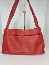 Lucky Brand Lipstick Red Leather Weaved Double Handles Large Satchel Bag Purse