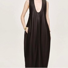 SOURCE UNKNOWN Adua Chocolate Brown Faux Leather Tulip Midi Dress Size Medium