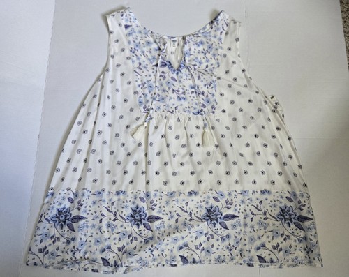 Old Navy Women Tank Top XXL White Floral Blue Sleeveless Keyhole Boho Peasant