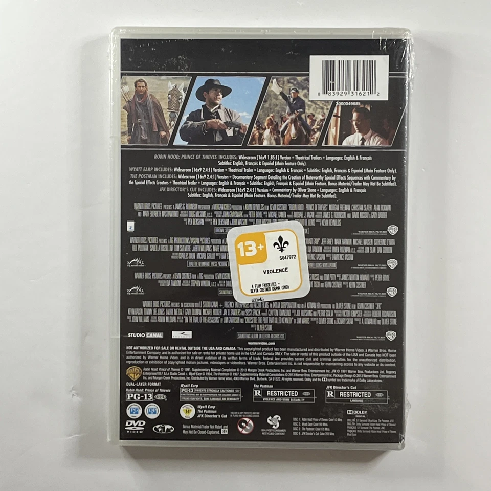 Kevin Costner 4 FILM FAVORITES DVD Set (Robin Hood/Wyatt Earp/JFK/Postman) New! - Image 2 of 4