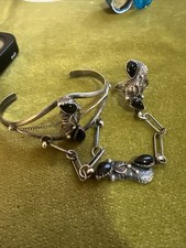 Vtg NA Navajo Sterling Silver 925 Slave Bracelet Cuff Ring Obsidian Onyx