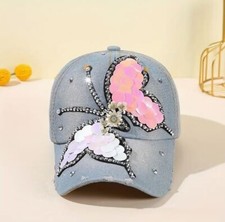 NEW WOMEN'S BLUE JEAN RHINESTONES BASEBALL HAT CAP BUTTERFLY BLING SEQUINS STUDS