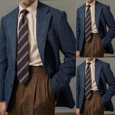 Blue Herringbone Men's Suits Leisure Formal Tuxedos Wedding Groom Prom Blazer