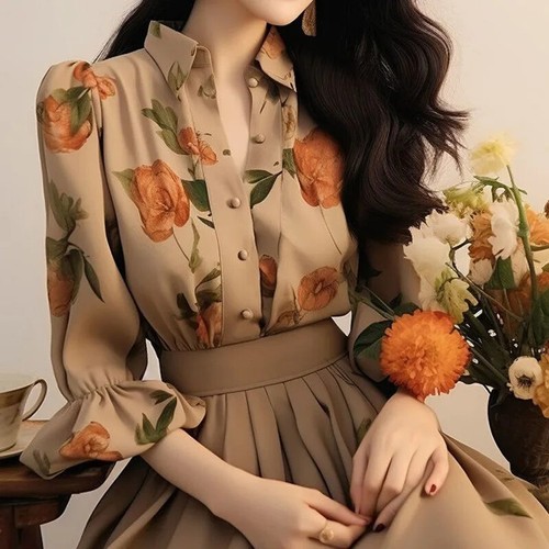 Temperament Button Floral Shirt Tops Spring Printing Loose Blouse Women Clothing - Picture 1 of 4