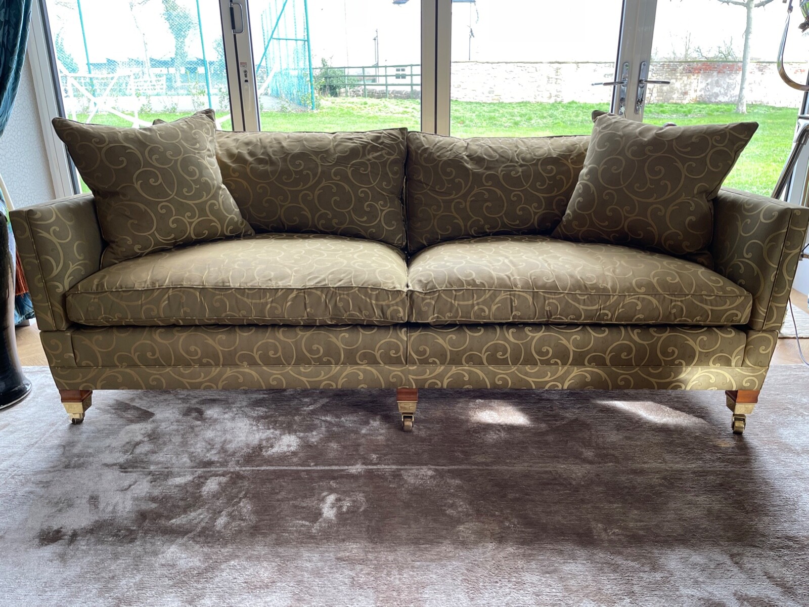 Duresta Trafalgar Knoll drop arm sofa 225cm wide Gold & Olive scroll