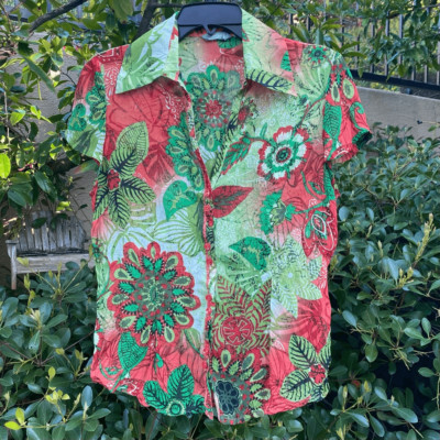 Per Una by Marks Spencer Women's Red Green Floral Short Sleeve Blouse M EUC