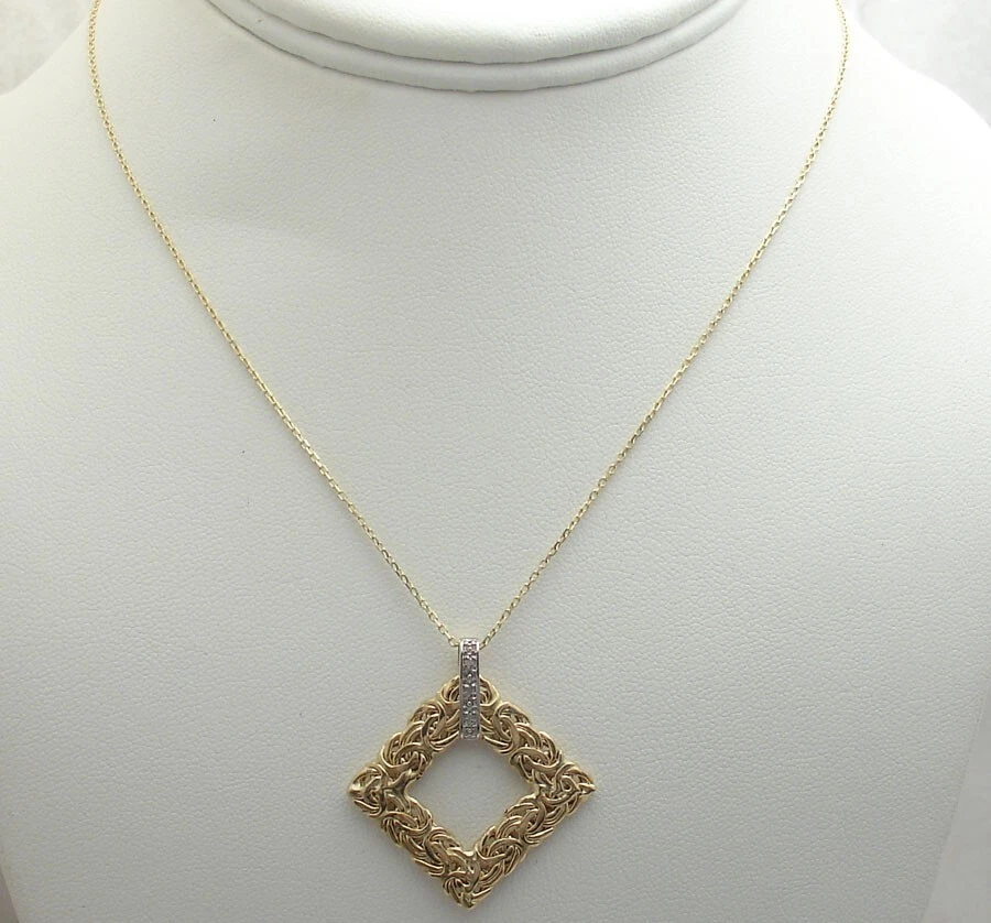 Natural Diamond Accent Square Byzantine Pendant Cable Chain Real 14K Yellow Gold - Image 2 of 4