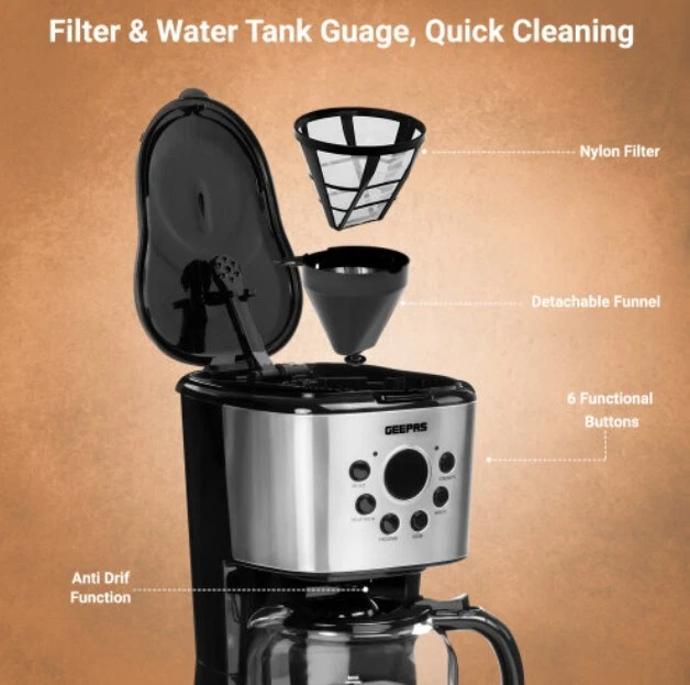 Geepas 1.5L Filter Coffee Machine 900W Programmable Drip Coffee Maker for Instan - Image 3 of 4