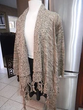 BOSTON PROPER SHRUG WRAP SWEATER JACKET BROWN BEIGE SZ XXS LONG SLEEVE FRINGE