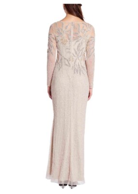adrianna papell beaded long dress biscotti women's embellished illusion gown sz 6 NEW size_48r