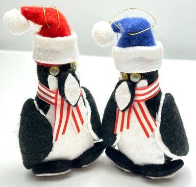 Google Eye PENGUIN Hat Scarf Red Blue Vintage Felt Christmas Ornament PAIR AS109