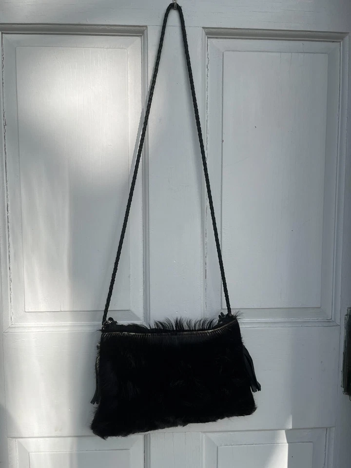 Vintage Anthropologie ibBAN Handmade Calf Hair Leather Beaded Flap Crossbody Bag - Image 3 of 4