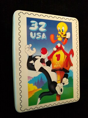 Warner Bros Tweety Bird & Sylvester 32 USA Postal Stamp Tin Box