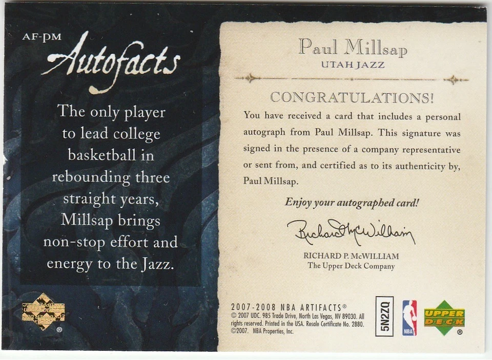 2007-08 Artifact Autofacts #AFPM Paul Millsap Autograph Jazz Hawks Nuggets - Image 2 of 2
