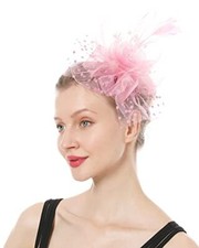 Fascinators Hat Flower Cocktail Lace Mesh Feathers Headband Clip Baby Pink-01