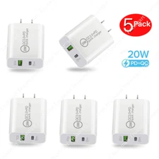 5 Pack 20W DUAL USB-C PD Fast Wall Charger Adaptor QC 3.0 Lot For iPhone Android