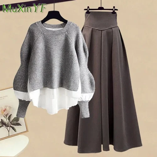 Herbst/Winter zweiteiliges Strickpullover-Set Kleid passend Damenrock Set - Bild 6 von 36