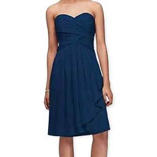 DAVID'S BRIDAL Dress 10 Blue Navy Strapless Crinkle Chiffon Front Cascade EUC
