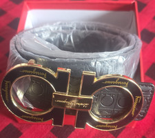 Salvatore Ferragamo Men  s Belt Black Gold Logo Buckle Adjustable One Size NWT