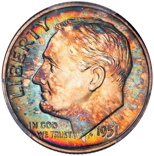1951 Toned Roosevelt Dime Proof PCGS PR 67 PF See Video Toning Silver Coin 10C