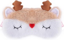 Cute Reindeer Plush Sleep Mask - Soft Fluffy Eye Cover Beige reindeer