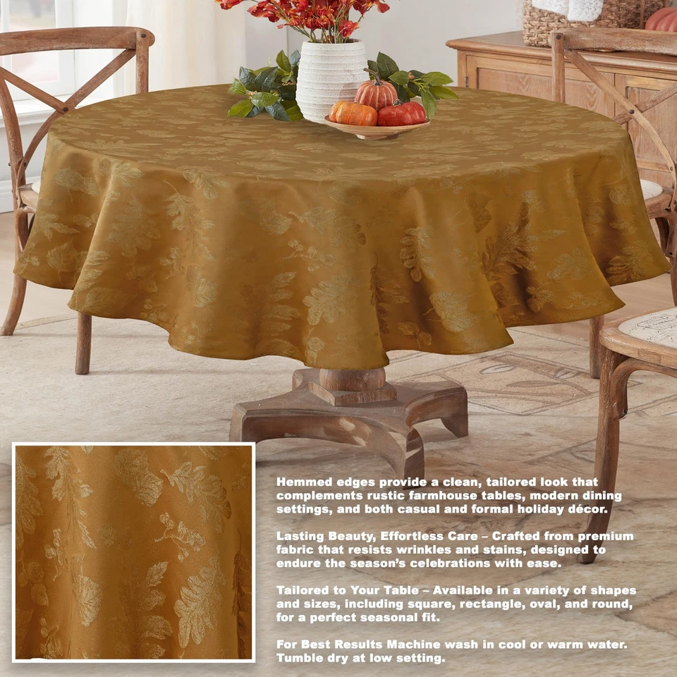 Mantel de tela damasco hoja de otoño metálico de acción de gracias, 60 x 84 pulgadas ovalado... Foto 3 de 4