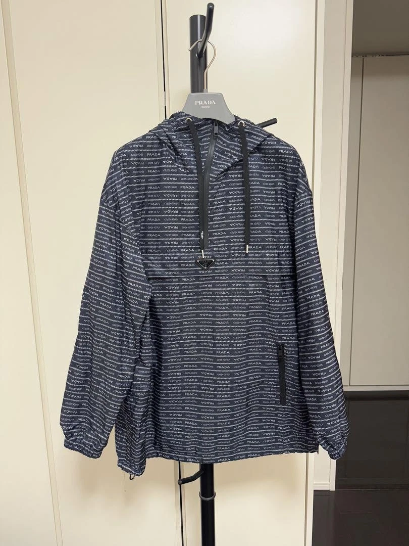 Prada Nylon Blouson Giacca Logo Cappuccio Zip Navy