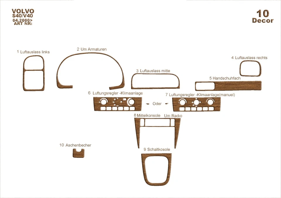 Kit de molduras de tablero de aspecto de madera Volvo Volvo S40 / V40 2000-2003 revestimiento de molduras de panel Foto 3 de 4