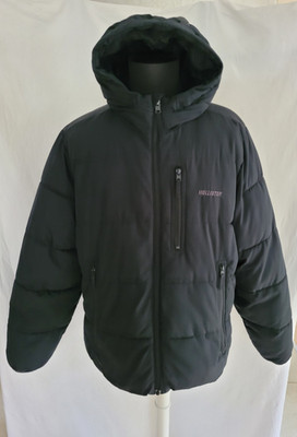 Gr XL Hollister Winter Jacke schwarz Kapuze Kunst Fell neuwertig Maße beachten