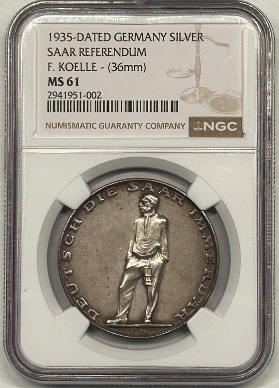 1935 Germany Saar Plebiscite Silver Medal NGC MS61 Fritz Koelle