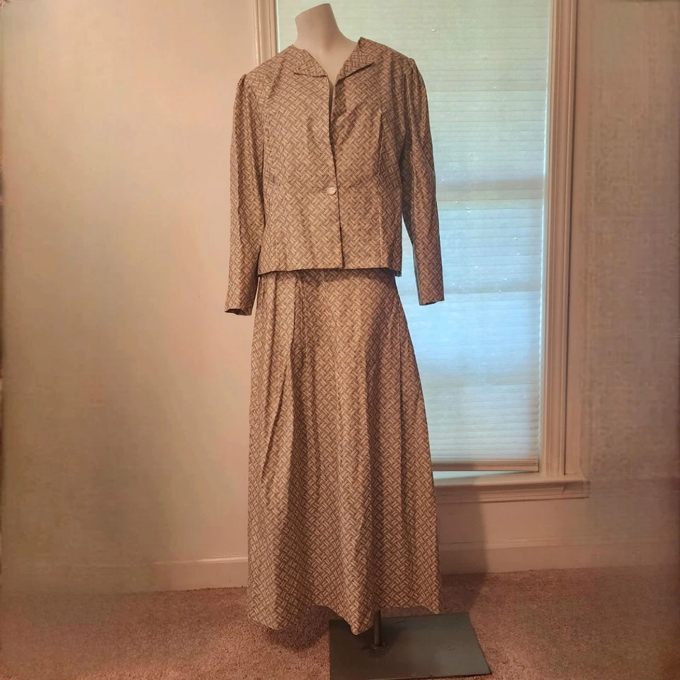 Vintage Handmade Skirt Suit 2pc Dress Geometric Print Geoffrey Beene Lining L/XL - Image 2 of 4