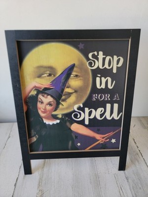 greenbrier Vtg halloween standing sign witch style stopping for a spell home dec