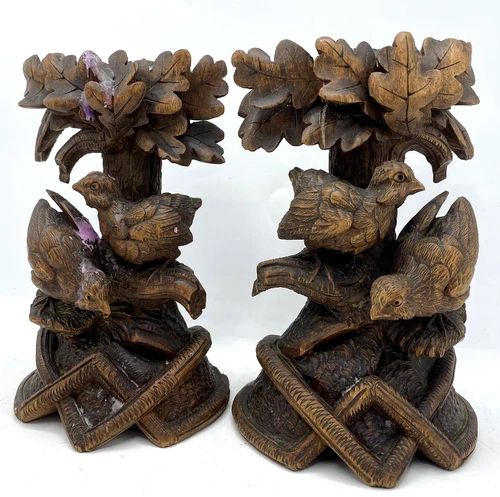 Antique pair of German Black Forest candlesticks 19th century woodwork