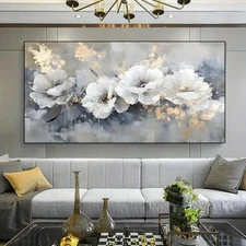 Abstract White Floral Embossed Printing Unframed Canvas Painting for Living
