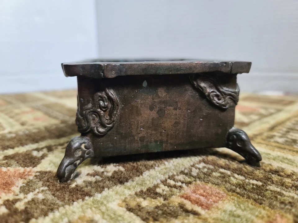 Antigua caja de baratija japonesa de bronce con diseño de grúa voladora soporte de incienso Koro Foto 4 de 4