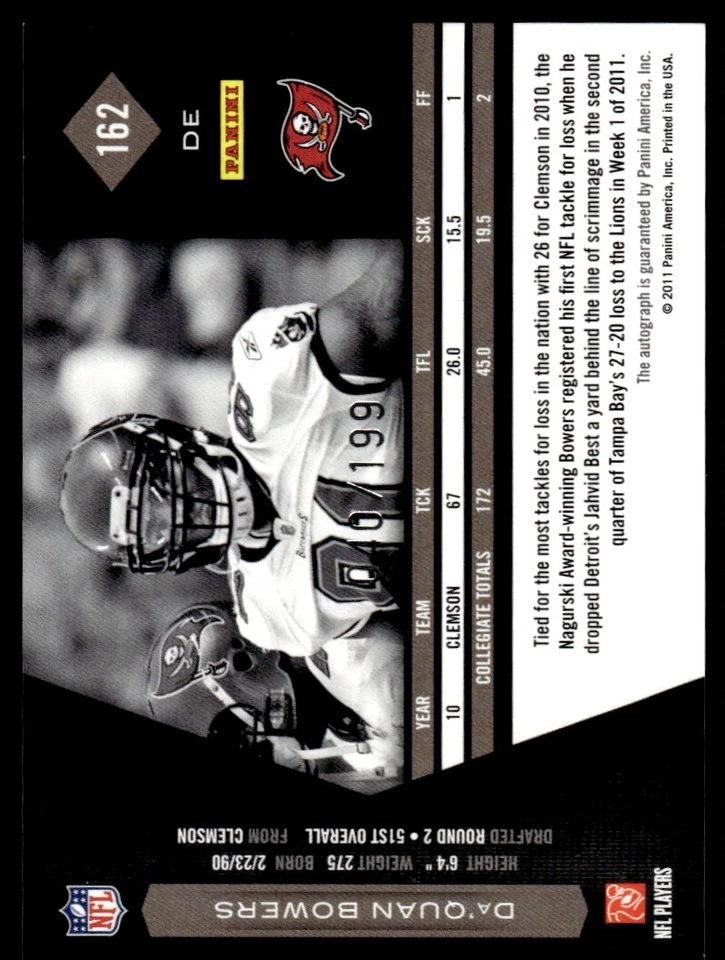 2011 Panini Limited Monikers Da'Quan Bowers Auto RC /199 Bucs #162 *Noles2148* - Image 2 of 2